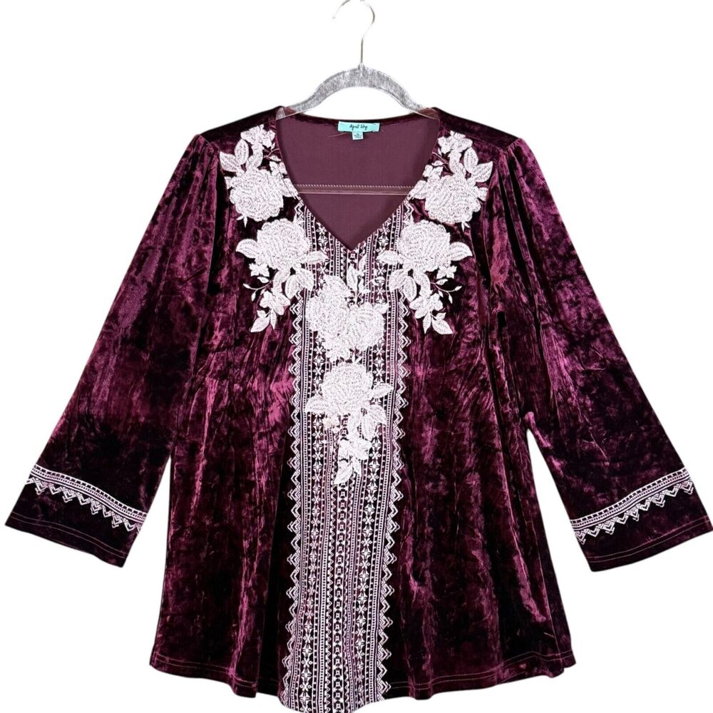 April Sky Embroidered Velvet Tunic Blouse Burgundy V Neck Pullover Top Sz S